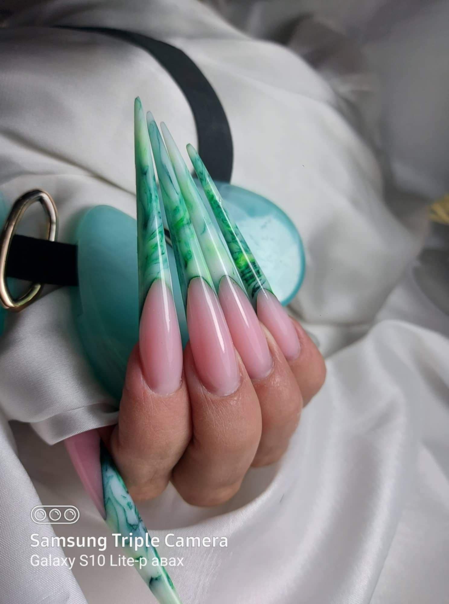 Green marbled long nail set